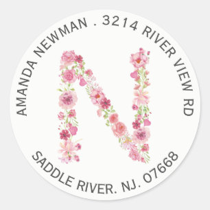 Floral N Initiaal Monogram Retouradres Sticker