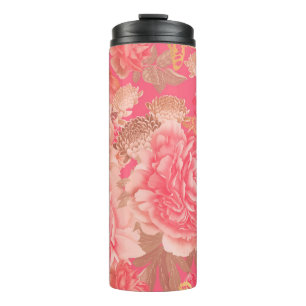 Floral naadloos patroon. Tuinbloemen roze peoni Thermosbeker