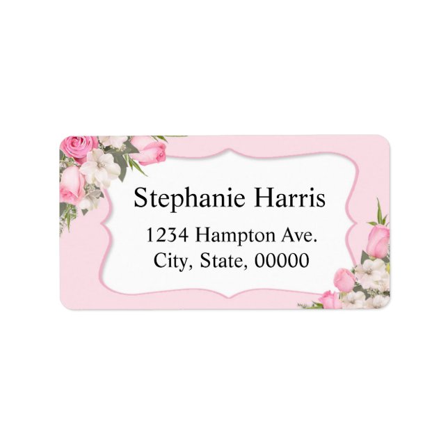 Floral Name Address Sticker Pink Roses (Voorkant)