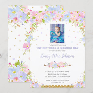 Floral Naming Day en 1st Birthday Invitation Girl Kaart