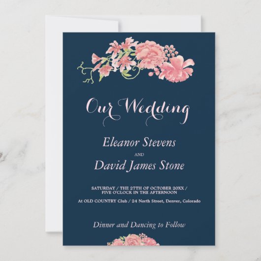 Floral navy and blush bruiloft editable script kaart (Voorkant)