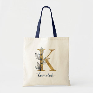 Floral Navy Blauw Goud Blad Gepersonaliseerde brie Tote Bag