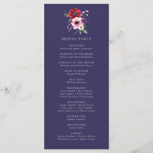 Floral Navy Blauw Trouwprogramma Programma (Achterkant)