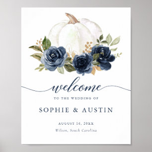 Floral Navy Blue Citrouille Affiche de bienvenue M
