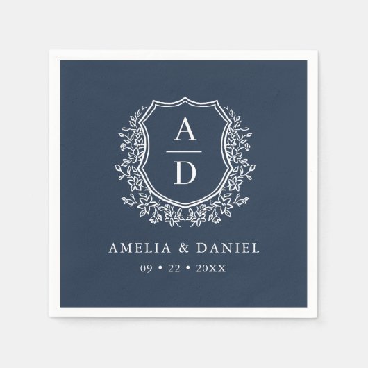 Floral Navy Blue Crest Wedding Monogram Servet (Voorkant)