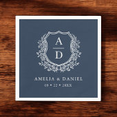 Floral Navy Blue Crest Wedding Monogram Servet