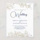 Floral Navy Blue Gold Budget Weduwen Uitnodiging (Voorkant)