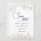 Floral Navy Blue Gold Wedding Enregistrer La Carte (Devant)