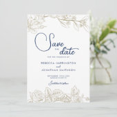 Floral Navy Blue Gold Wedding Enregistrer La Carte (Debout devant)