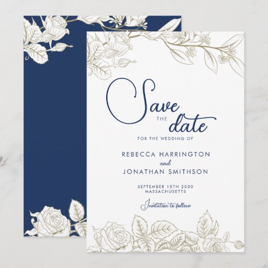 Floral Navy Blue Gold Wedding Enregistrer La Carte (Devant / Derrière)
