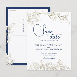 Floral Navy Blue Gold Wedding Save the Date Briefkaart