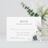Floral Navy Blue Greenery Gold Wedding Carte RSVP (Debout devant)