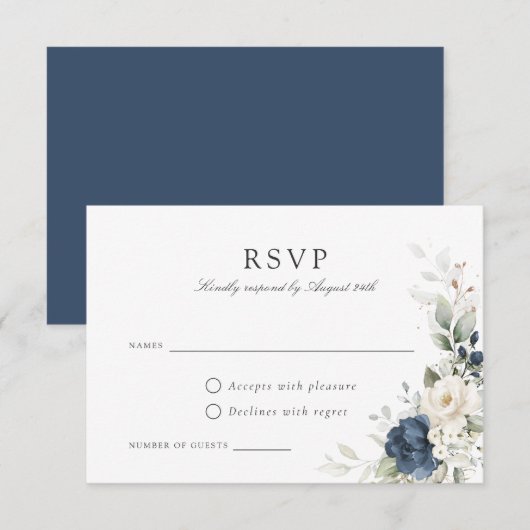Floral Navy Blue Greenery Gold Wedding Carte RSVP (Devant / Derrière)
