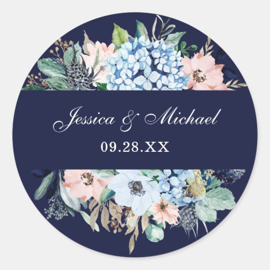 Floral Navy Blue Hydrangea Waterverf Wedding Ronde Sticker (Voorkant)