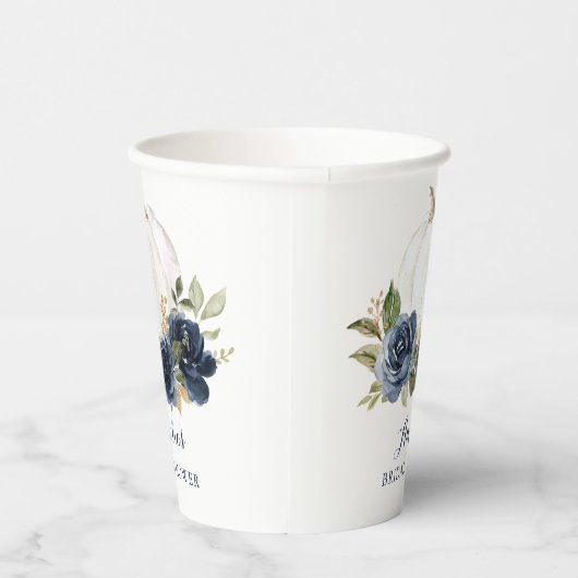 Floral Navy Blue Pumpkin Herfst Vrijgezellenfeest Papieren Bekers (Rechts)