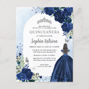 Floral Navy Blue Silver Gown Birthday Quinceanera Uitnodiging Briefkaart