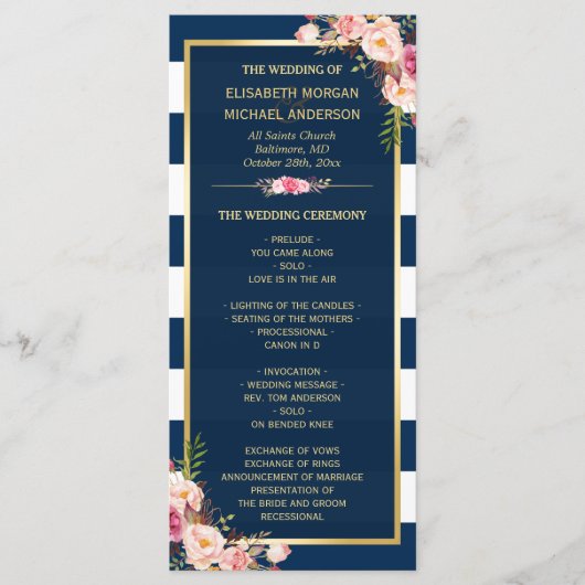 "Floral Navy Blue Striped Wedding"-programma Programma (Voorkant)