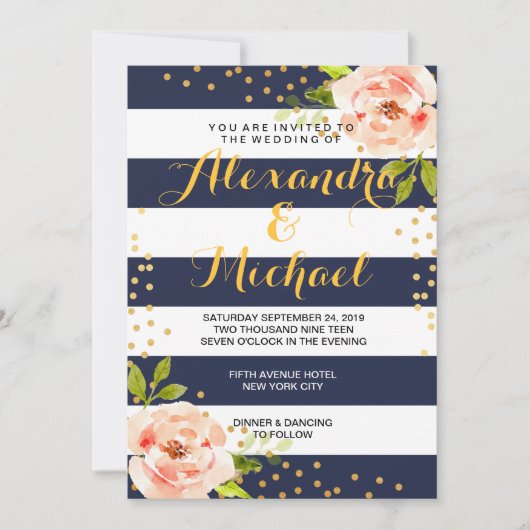Floral Navy Blue Stripes & Gold Foil Stippen Wedde Kaart (Voorkant)