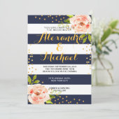 Floral Navy Blue Stripes & Gold Foil Stippen Wedde Kaart (Staand voorkant)