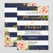 Floral Navy Blue Stripes & Gold Foil Stippen Wedde Kaart (Voorkant / Achterkant)