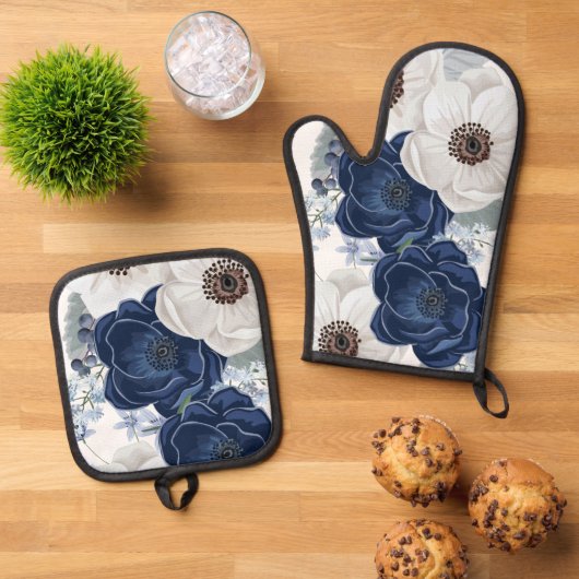 Floral Navy Blue Waterverf Ovenwant & Pannenlap Set (Top down)