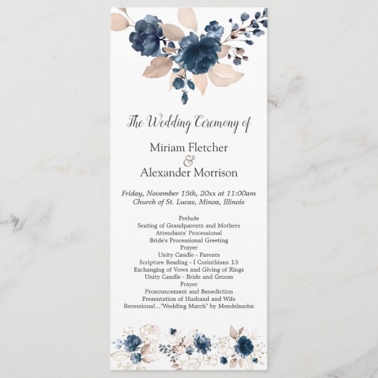 Floral navy blue waterverf Wedding Programme Programma (Voorkant)