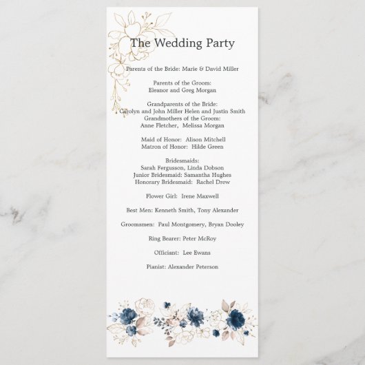 Floral navy blue waterverf Wedding Programme Programma (Achterkant)