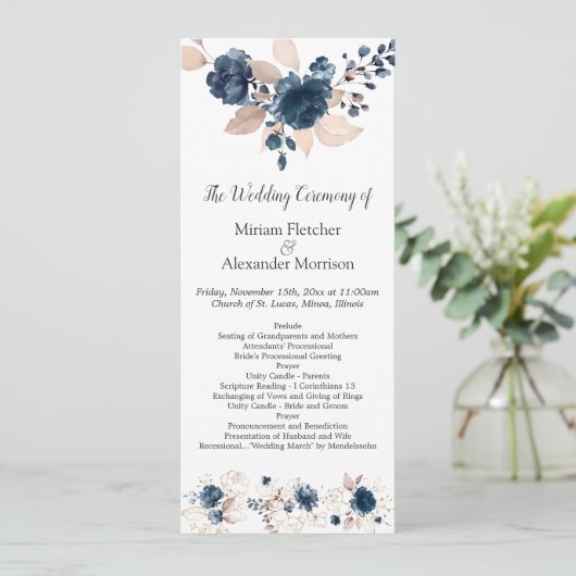Floral navy blue waterverf Wedding Programme Programma (Staand voorkant)