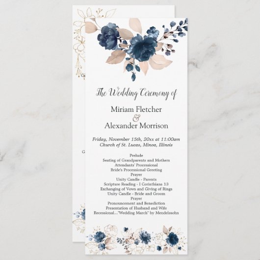 Floral navy blue waterverf Wedding Programme Programma (Voorkant / Achterkant)