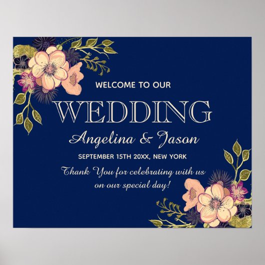 Floral Navy Blue Welcome Wedding Poster (Voorkant)