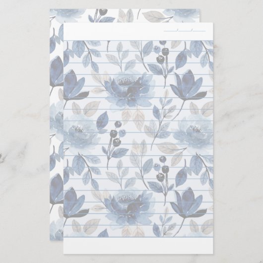 Floral Navy Blue Writing Paper Dated Lined Paper Briefpapier (Voorkant / Achterkant)