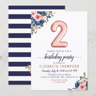 Floral Navy Blush Roos Gold Balloon 2e verjaardag Kaart