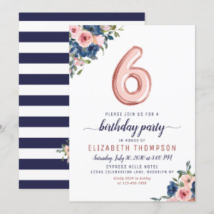 Floral Navy Blush Roos Gold Balloon 6e verjaardag Kaart