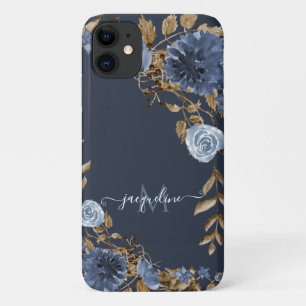 Floral Navy Dusty Blue Elegant Waterverf Name iPhone 11 Hoesje