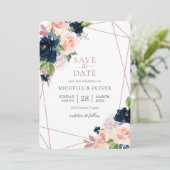 Floral Navy en Blush Geometric Save the Date Invi Kaart (Staand voorkant)