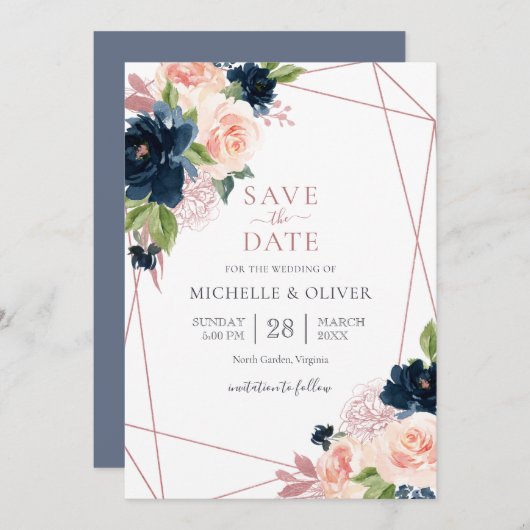 Floral Navy en Blush Geometric Save the Date Kaart (Voorkant / Achterkant)