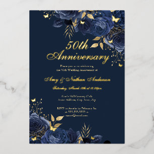 Floral Navy Gold 50ste bruiloft Jubileum Folie Uitnodiging