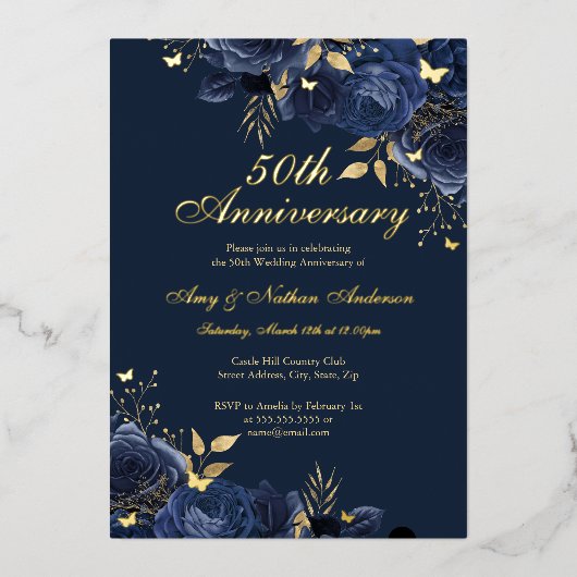 Floral Navy Gold 50ste bruiloft Jubileum Folie Uitnodiging (Voorkant)