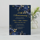Floral Navy Gold 50ste bruiloft Jubileum Folie Uitnodiging (Staand Voorkant)