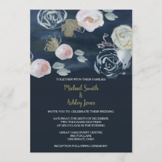 Floral Navy & Gold Wedding Invitation Kaart