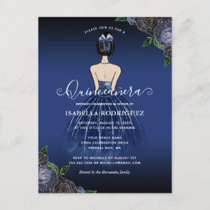 Floral Navy Princess Gold Birthday Quinceañera Briefkaart