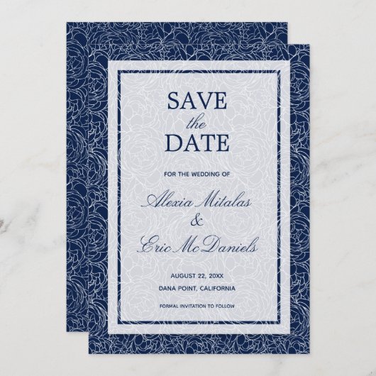 Floral Navy Wedding Save The Date (Voorkant / Achterkant)