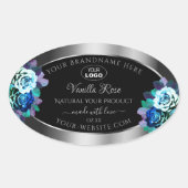 Floral Noir Argent Étiquette Logo Roses Turquoises (Devant)
