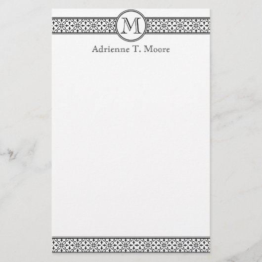 Floral Noir Blanc Monogramme Première papeterie (Devant)