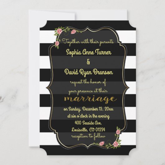 Floral noir blanc rayures Faire-part de mariage or (Devant)