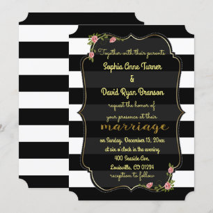 Floral noir blanc rayures Faire-part de mariage or