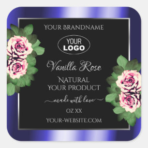 Floral noir bleu Étiquette rose roses Logo