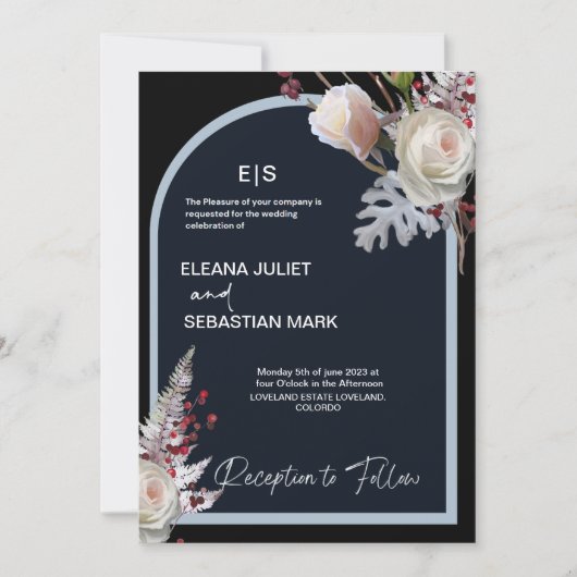 Floral noir élégant Faire-part de mariage (Devant)