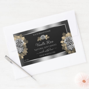 Floral Noir et Argent Étiquettes Roses feuillus