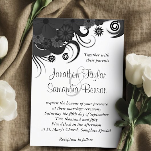 Floral Noir et Blanc 5" x 7" Invitations de mariag